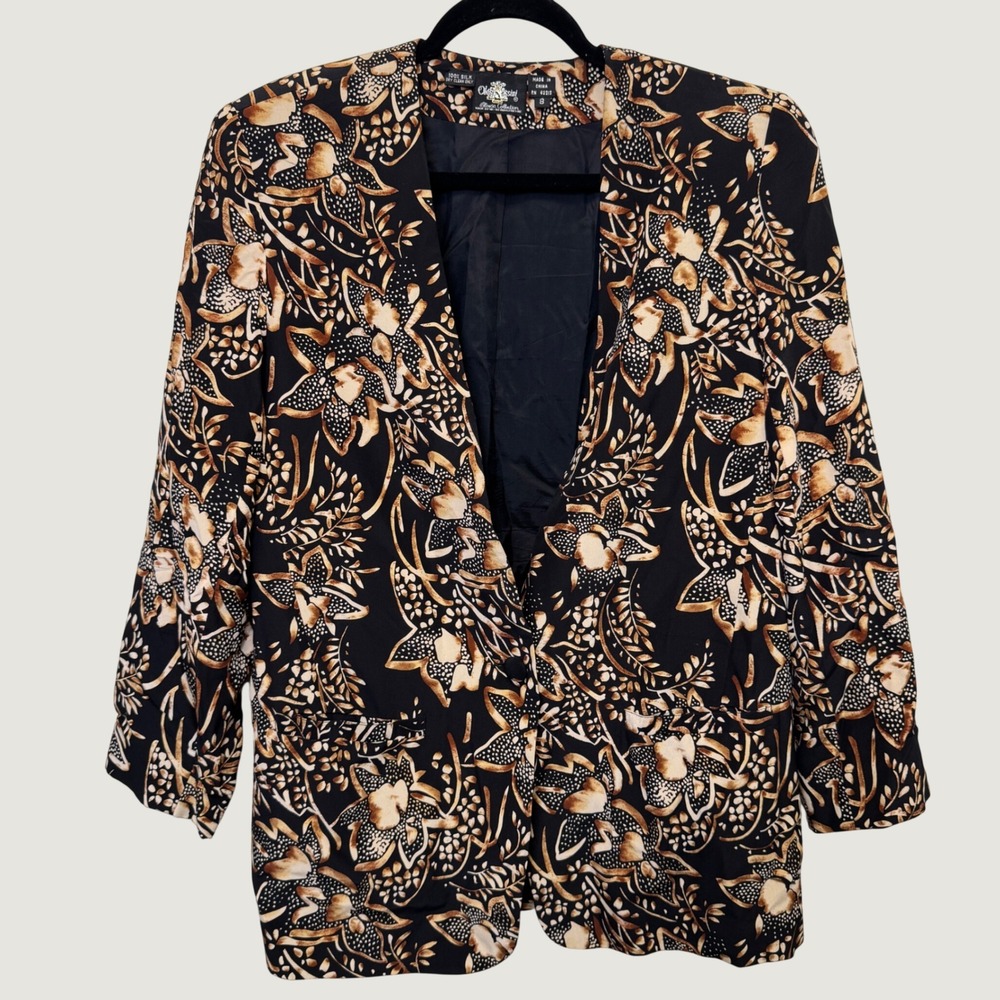 Vtg Oleg Cassini Women Silk 1-Button Blazer 8 Black Tan Floral Art Office 90s